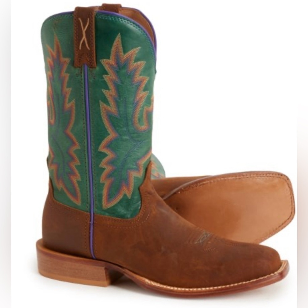 Twisted X Brown Leather & Green Embroidered Western Heeled Boots